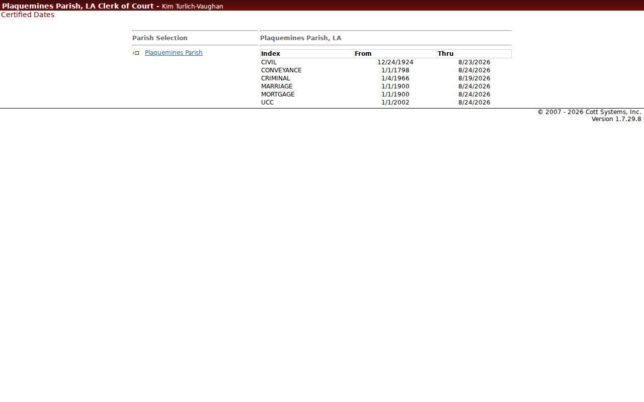 Plaquemines Parish docket search Cott Certified Dates civil and criminal index ranges