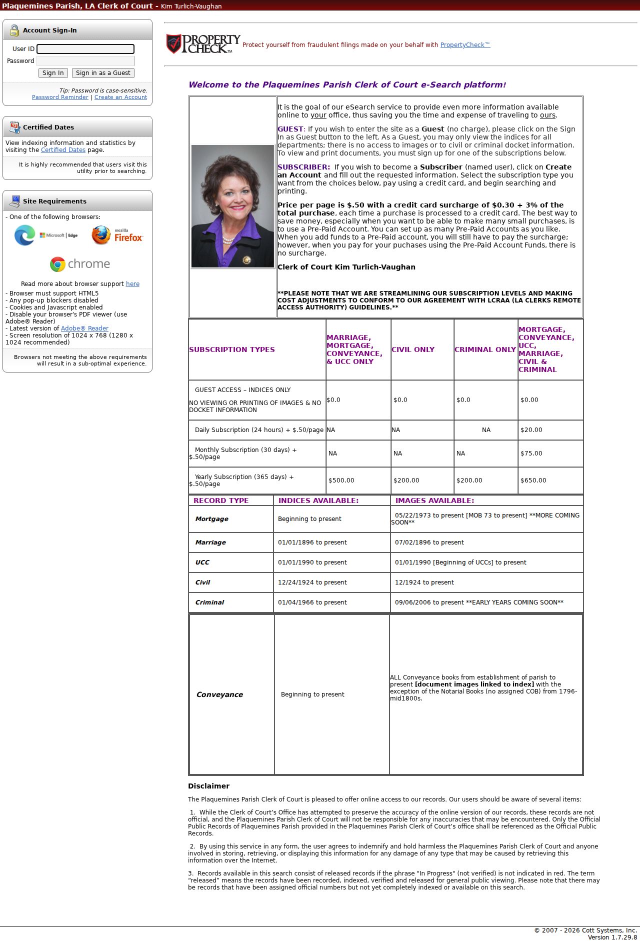 Plaquemines Parish docket search Cott eSearch login and guest access page