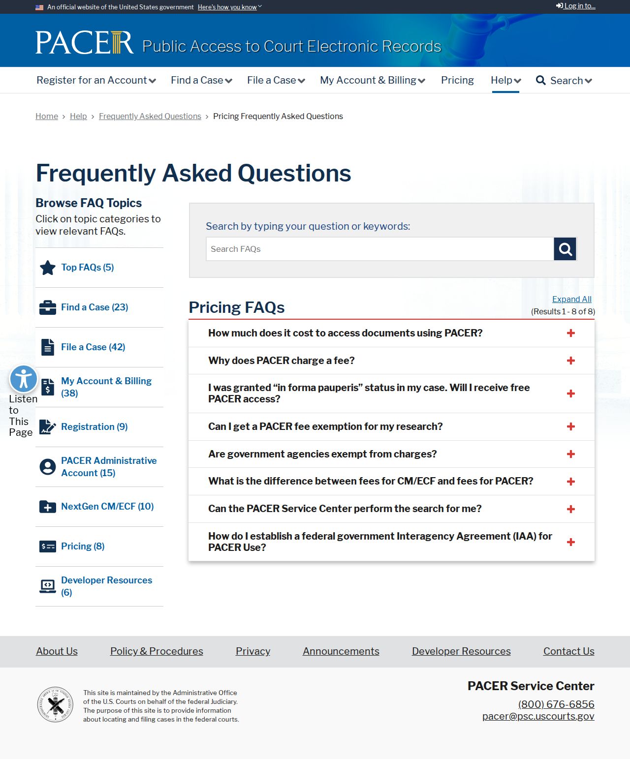 Plaquemines Parish docket search federal PACER pricing information page