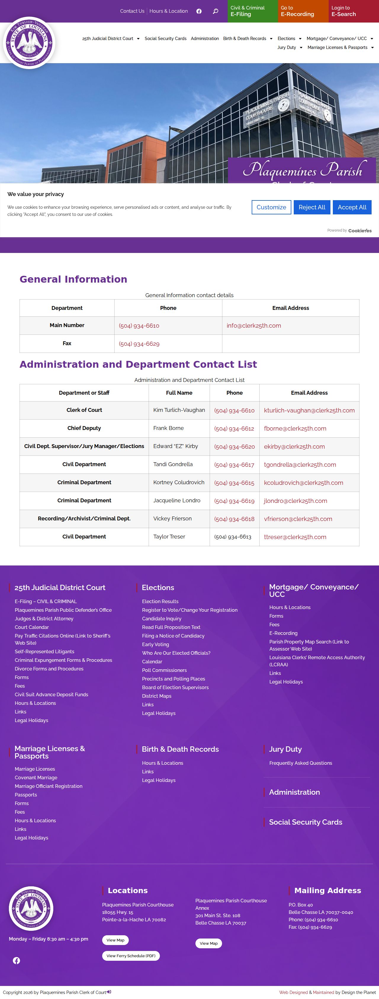 Plaquemines Parish Clerk of Court civil and criminal department contact table