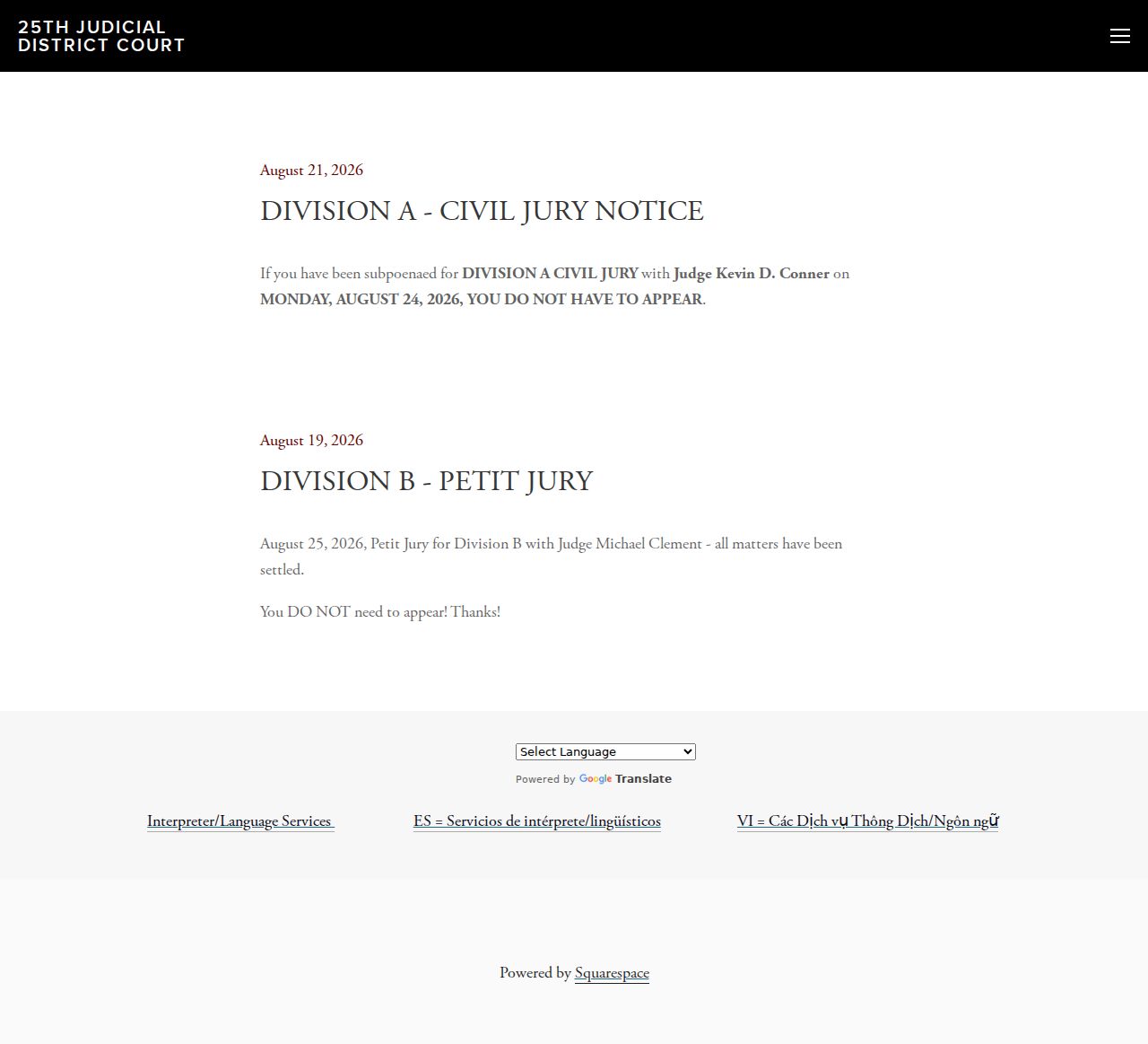 Plaquemines Parish court schedule 25th JDC news and jury notice page