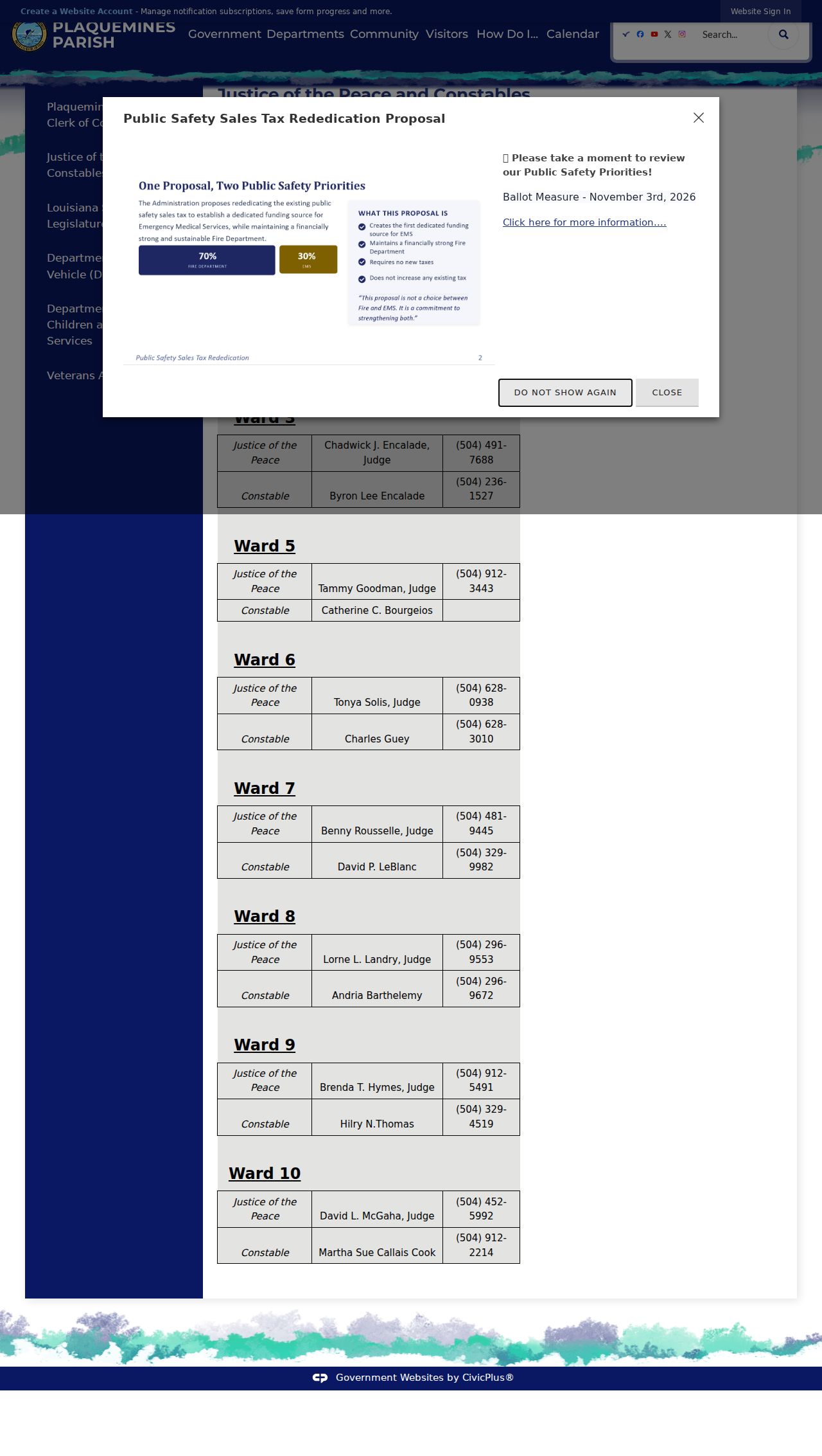 Plaquemines Parish official Justice of the Peace and constable ward contact directory