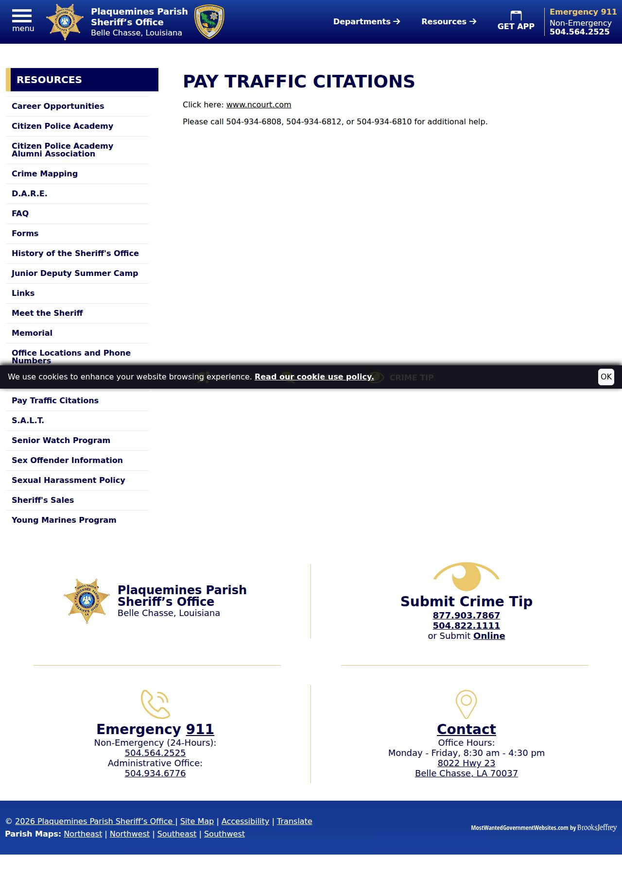 Plaquemines Parish traffic court records official sheriff traffic citation payment route